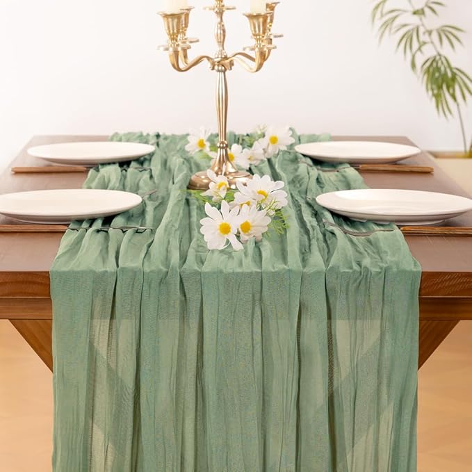 Socomi 15pcs Sage Green Cheesecloth Table Runner Fall Thanksgiving Boho Rustic Gauze 120 inch 10FT Cheese Cloth Runner for Wedding Party Baby Shower Home Decor Holiday Decorations