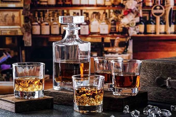 Whiskey Decanter Glasses Set Lead-Free Crystal Glass Scotch Tasting Cups Wine Bottle for Drinking Irish Whisky Bourbon Tequila tumbler (Square, 1 Decanter & 6 Glasses Set)