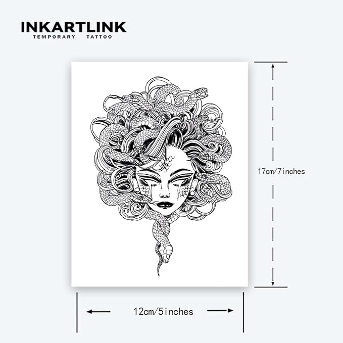 INKARTLINK Tattoo Tech, 2 Sheets Extra-Large Semi Permanent Tattoo, Adult Art Design Temporary Tattoos, Lasts 1-2 Weeks, Waterproof, Realistic Look, No Adhesive, No Reflection (Medusa Design)