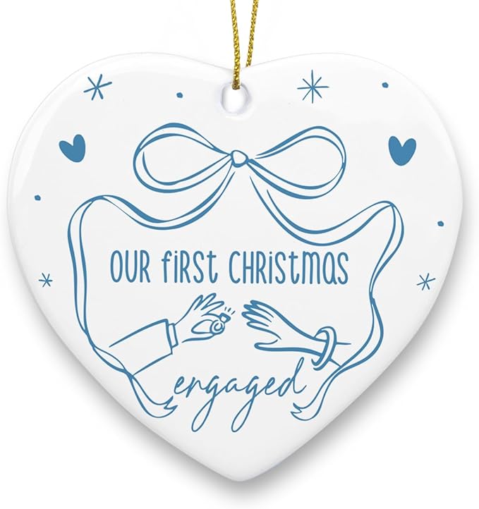 Our First Christmas Engaged Ornament Just Engaged Gifts for Him Her Fiance Newly Couple Engagement Christmas Heart Ceramic Xmas Tree Ornament Decorations
