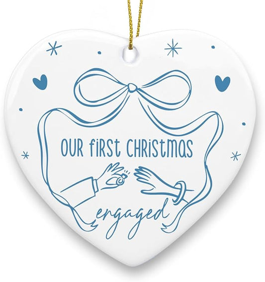 Our First Christmas Engaged Ornament Just Engaged Gifts for Him Her Fiance Newly Couple Engagement Christmas Heart Ceramic Xmas Tree Ornament Decorations