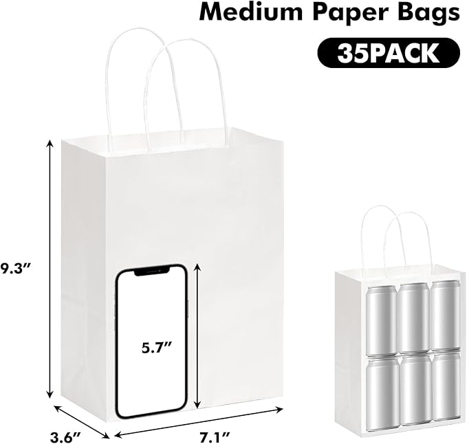OUTUXED 35pcs Paper Gift Bags with Handles, 7.1x3.6x9.3in Kraft Medium Size Paper Bags for Retail, Gift Wrapping and Shopping