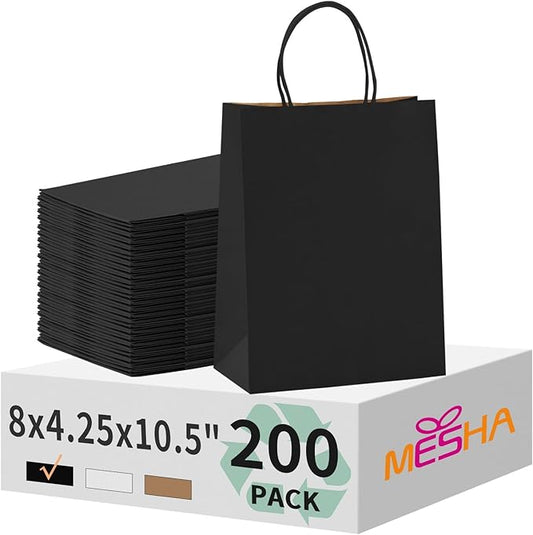 MESHA Gift Paper Bags 200 PACK 8x4.25x10.5'' Black Medium Shopping Kraft Bags Bulk with Handles Reusable for Business,Grocery,Birthday,Wedding,Kids Party,Favors