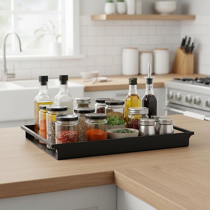 MyGift Decorative Serving Tray - Vintage Style Matte Black Metal Ottoman Coffee Table/Vanity Tray with Sleek Rounded Cutout Handles