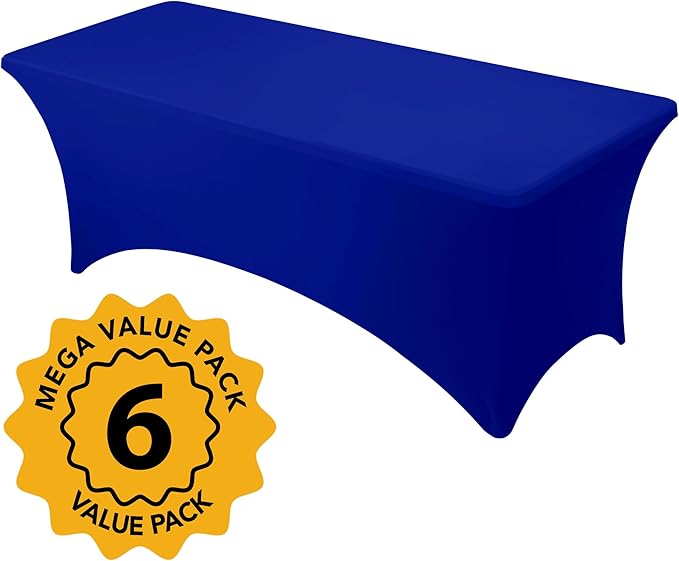6-Pack Premium Royal Blue Spandex Tablecloths for 8ft Rectangle Tables, Stain & Wrinkle-Resistant, Washable Stretch Polyester Fitted Table Cover for Weddings, Banquets, Trade Shows Events