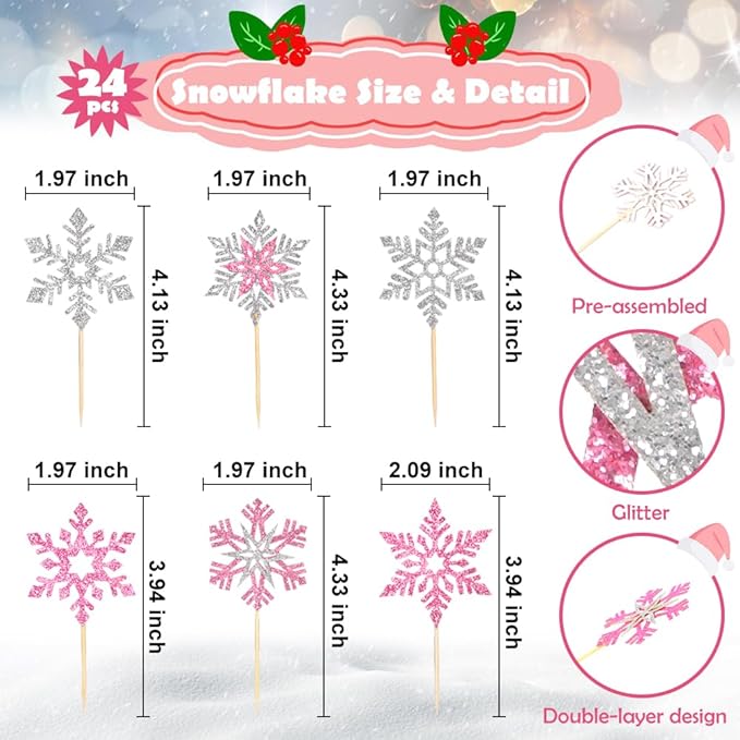 24pcs Glitter Snowflake Cupcake Toppers Double Layer Pink Silver Cake Decorations Winter Frozen Theme Cupcake Picks for Winter Wonderland Baby Shower Christmas Party Favors