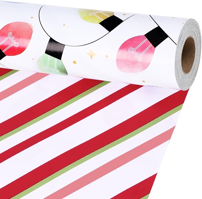 LaRibbons Reversible Vintage Christmas Wrapping Paper Roll, Classic Christmas Light & Stripe Gift Wrap for Holiday, Xmas Party Celebration, 17 Inch × 33 Feet
