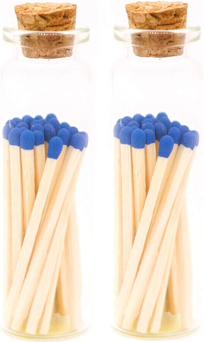 River Birch Decorative Matches in a Bottle with Striker - Cute & Colored Matches - 2 Bottles, Cobalt Blue Tip, 40 Matches