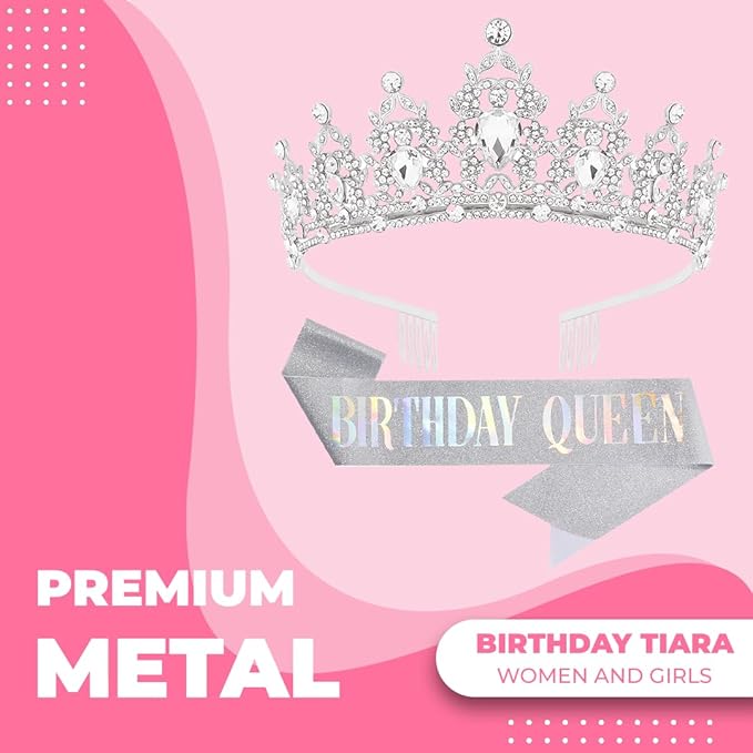Birthday Tiara Crown with Sash for Women, Headband Hair Accessories for Wedding Party Costume Silver