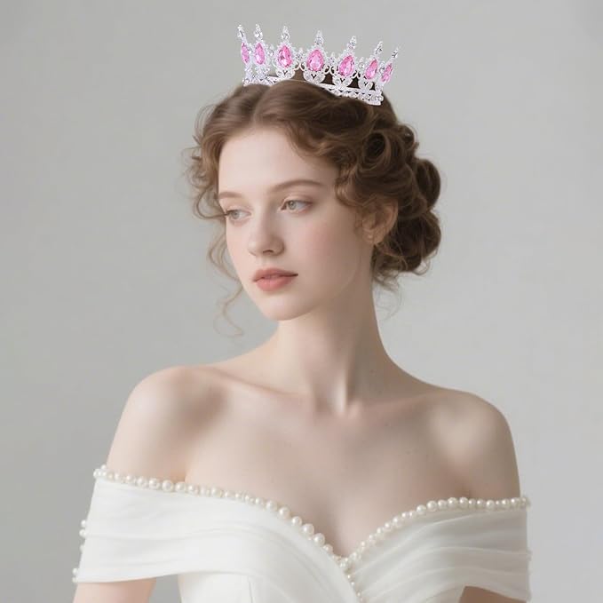 Pink Crown for Women Crystal Tiara and Queen Crown for Girl Wedding Headband for Bride Hair Accessories for Costume Birthday Party Cake Decoration Prom