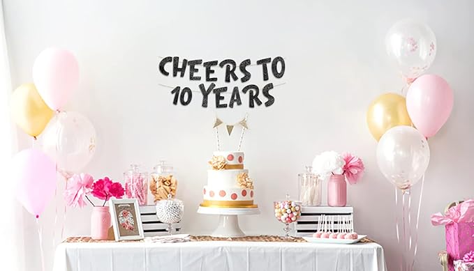 Cheers to 10 Years Black Glitter Banner - 10th Anniversary and Birthday Party Decorations