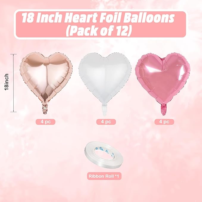 Pink White Heart Balloons, 18 Inch White Rose gold Heart Shape Balloon, 12PCS Pink and Rose Gold Helium Foil Heart Balloon for Birthday Baby Shower Engagement Wedding Valentine Party Decoration