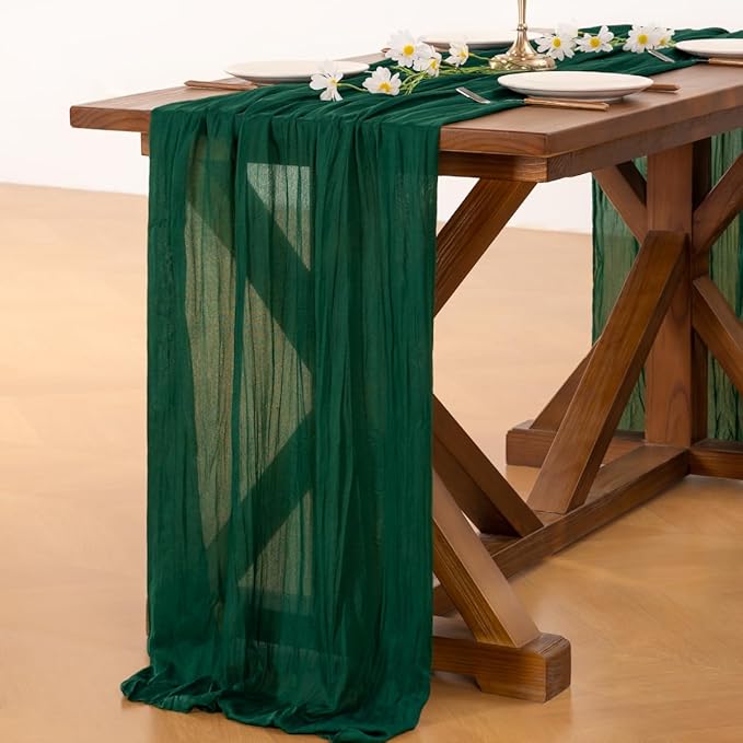 Socomi 3pcs Emerald Green Cheesecloth Table Runner Fall Thanksgiving Boho Rustic Gauze 120 inch 10FT Cheese Cloth Runner for Wedding Party Baby Shower Birthday Home Decor Holiday Decorations