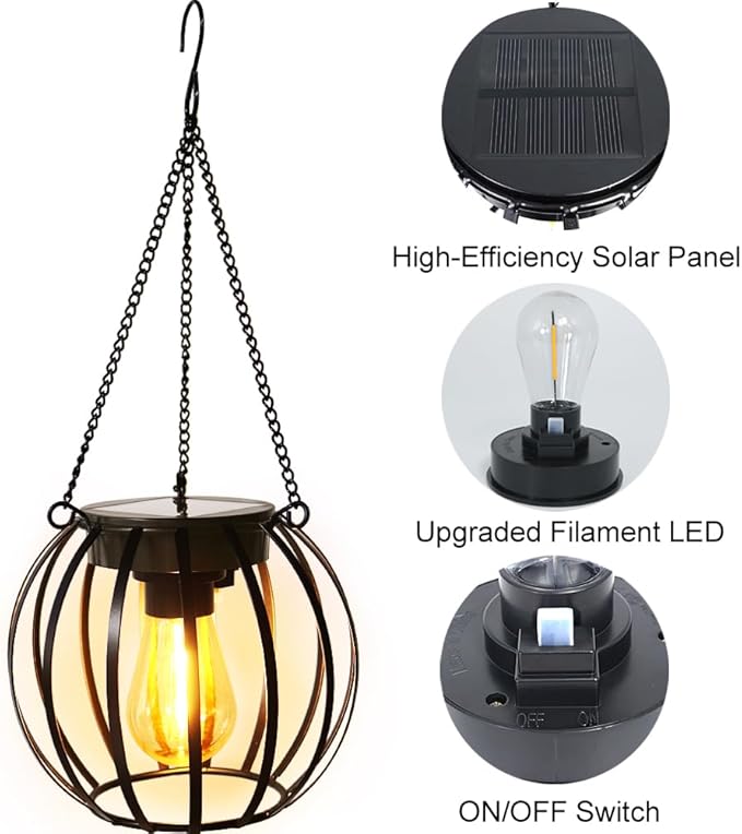 Bright Zeal 2-Pack 13" Black LED Solar Hanging Lanterns Garden - Auto On/Off Metal Lanterns for Trees with Iron Frame - Solar Lantern Hanging Garden Outdoor Lights Metal Waterproof LED