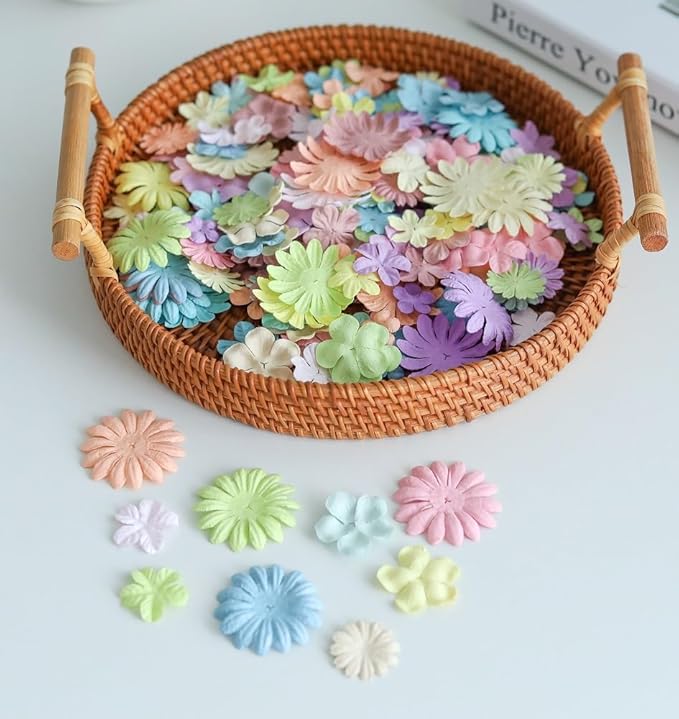 100 Pcs Handmade Mixed Flowers Mulberry Paper Flowers 18 mm - 1.5 Inch Scrapbooking Wedding DIY Craft Supplies Card (Pastels Tone)