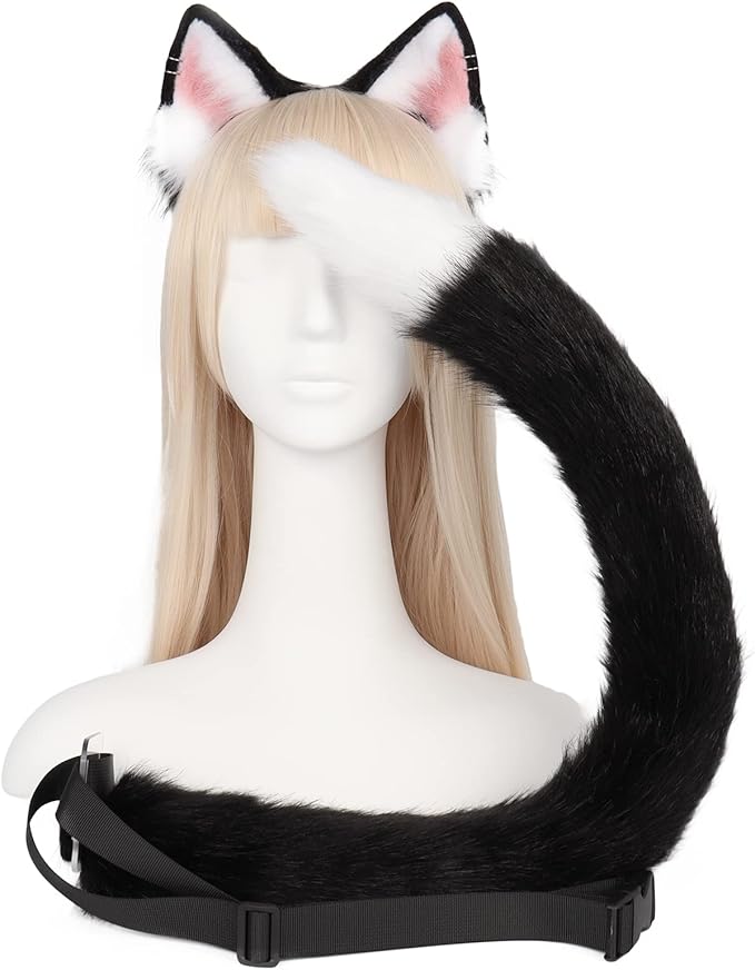 QinRuan Animal Cosplay Costume Accessories Furry Faux Fur Cat Ears Headband and Fox Tail Set Halloween Accessory