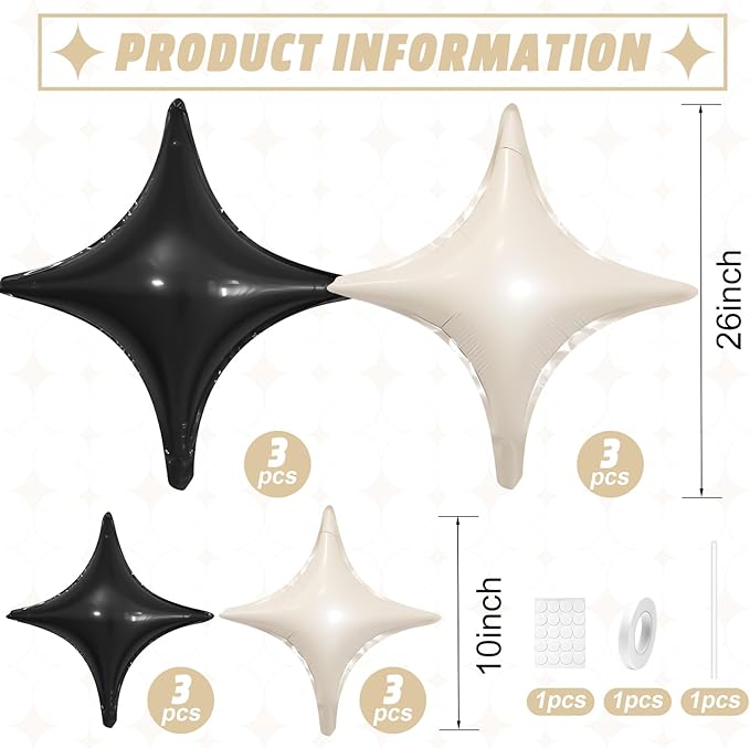 Black White Star Balloons,12Pcs Four Angle Star Foil Balloons,26Inch and 10Inch Black Cream White Quadrangle Helium Balloon for Birthday Baby Shower Anniversary Party Decorations