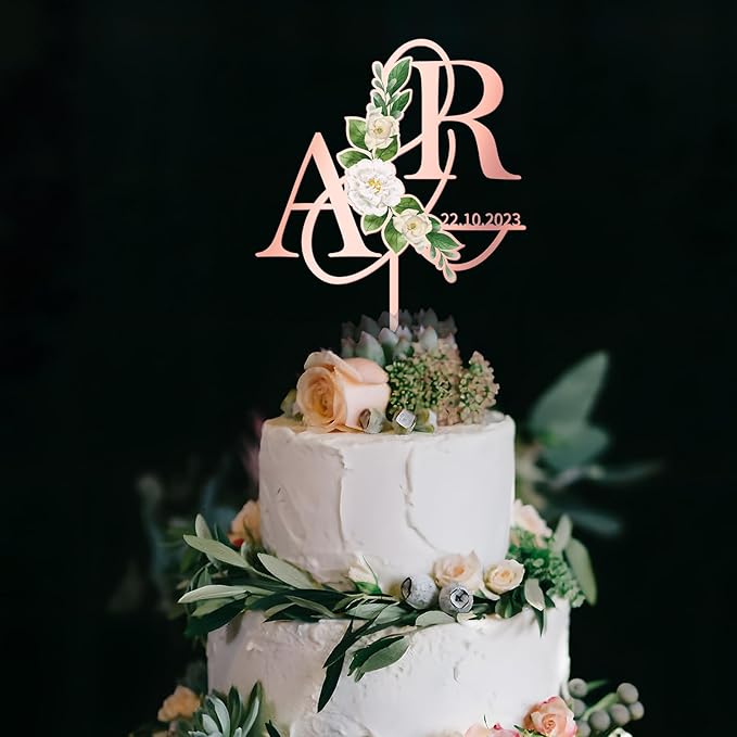 Personalized Wedding Cake Topper in Acrylic Custom Initials & Date Wedding Cake Decoration Printed with Flowers & Green Leaves
