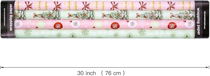 WRAPAHOLIC 30 Inch Christmas Wrapping Paper Roll - Jumbo Roll Light Green and Pink Christmas Tree, Snowflakes and Holly Red Bow Wrapping Paper - 4 Rolls - 30 Inch x 120 Inch Per Roll