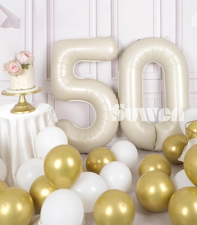 SUWEN 40 Inch Large Cream White 50 Balloon Numbers Big Foil Helium Number Balloons 0-9 Jumbo Happy 50th Mylar Birthday Party Decorations for Women or Men Anniversary Party Supplies