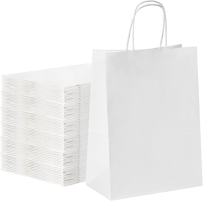 YEEHAW White Paper Bags with Handles Bulk 8"x4.5"x10.8" 100Pcs Gift Bags Medium Size, White Gift Bag with Handles Bulk for Retail, Party, Shopping, Merchandise