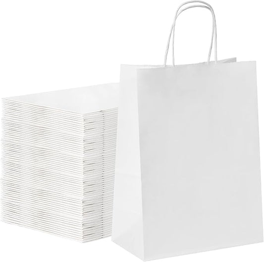 YEEHAW White Paper Bags with Handles Bulk 8"x4.5"x10.8" 100Pcs Gift Bags Medium Size, White Gift Bag with Handles Bulk for Retail, Party, Shopping, Merchandise