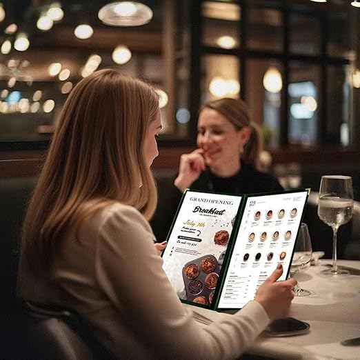 Goodsmart Restaurant Menu Covers – 25 Pack Green 10-View 8.5" x 14" Cafe Menu Holders, Side-Loading Vinyl Covers with Clear Sleeves, Plastic & Leather-Style Menu Covers with Gold Corners
