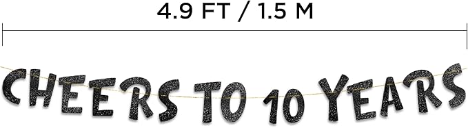 Cheers to 10 Years Black Glitter Banner - 10th Anniversary and Birthday Party Decorations