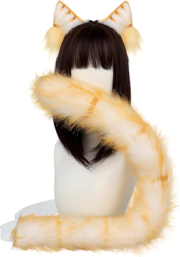QinRuan Animal Cosplay Costume Accessories Furry Faux Fur Cat Ears Headband and Fox Tail Set Halloween Accessory