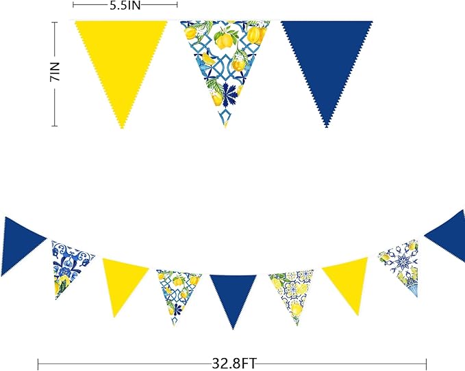 32Ft Capri Lemon Party Decorations Blue Tiles Yellow Lemon Fabric Pennant Banner Triangle Flag Garland Streamer for Amalfi Coast Capri Yellow Blue Tiles Mediterranean Birthday Baby Shower Supplies