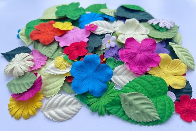 100 Pcs Handmade Mixed Mulberry Paper Flowers Petals and Leaves Scrapbooking Wedding DIY Craft Supplies Card(Mixed Colors Flowers/Green Tone Leaves)