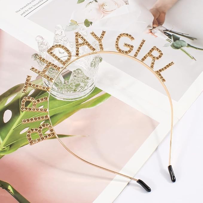AOPRIE Birthday Girl Headband Tiara for Women & Girls - Happy Birthday Princess Crown Rhinestone Accessory, Champagne Gold