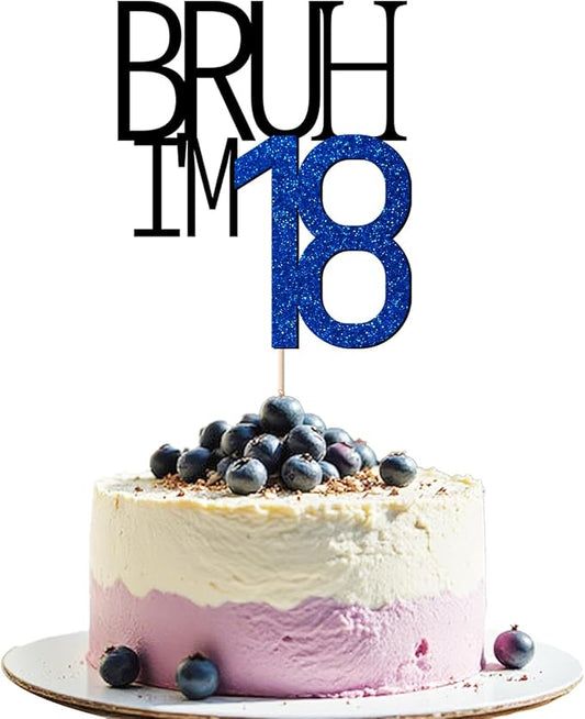 Bruh I'm 18 Cake Topper - Bro I'm 18, Happy Sweet 18 Ornament for Boys' 18th Birthday Party Supplies (blue 18)