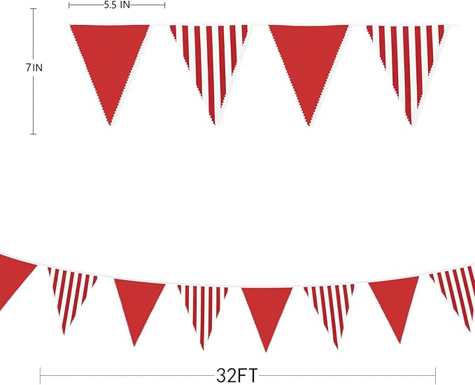 32Ft Red and White Striped Pennant Banner Fabric Triangle Flag Bunting Garland Streamer for Carnival Circus Kids Birthday Wedding Christmas New Years Party Outdoor Garden Hanging Festivals Decoration