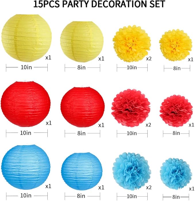 Carnival Circus Party Decorations, Red Yellow Blue Paper Lanterns and Pom Poms Flowers for Birthday Party Baby Showers Carnival Theme Rainbow Party Decor 15PCS