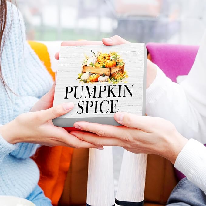 Funny Autumn Wood Box Sign Pumpkin Spice Wooden Block Desk Decor for Home Office Kitchen Cubicle Table Shelf Tabletop,Farmhouse Fall Sign Decor