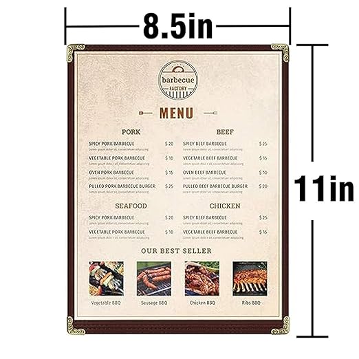 Brown, 25 Pack,1 Page / 2 Views - 8.5" x 11", Cafe Style Menu Cover, Top-Loading Double Stitched Edge, Crystal Clear Vinyl Menu Holder with Gold Decorative Corners