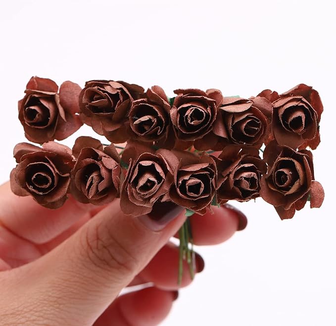 144pcs Mulberry Paper Mini Roses Artificial Flowers Heads with Stems for DIY Crafts Accessories Make Bridal Hair Clips Headbands Dress Wedding Bridal Bouquets Party Home Decor Valentine's(Coffee)