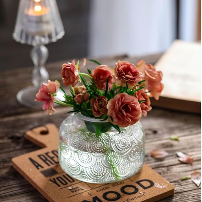ANSQU Vintage Glass Storage Jar, 25.4 FL OZ Food Storage Jar with Solid Wooden Lid, Tea Bag Organiser for Home Kitchen Decor, Holds Oats, Jam, Coffee, Candy, Biscuits and Sugar (Round Flower)