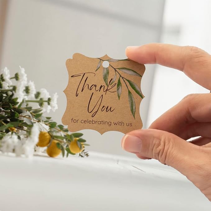 Summer-Ray 50pcs Thank You Tags Wedding Birthday Bridal Shower Favors Gift Tags with Olive Leaves (Kraft Brown Thank You for Celebrating with us)