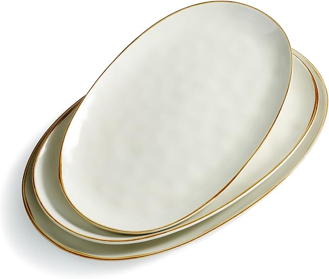 famiware Serving Platter, Oval 15.59/14.3/12.9inch Serving Dishes for Entertaining, Serving Bowls, Microwave Safe, Stoneware Serving Trays for Party, Food, Turkey, Cheese, Ocean Series, Vanilla White