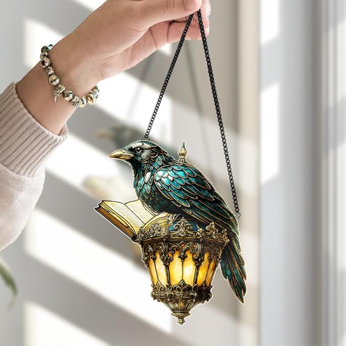 Gothic Halloween Crow Decoration, Raven Lamp Acrylic Suncatcher, Black Bird Window Hanging Ornament, Witchy Spooky Sun Catcher Gift for Women, Friends, Bird Lovers, Halloween, Fall, Christmas Décor