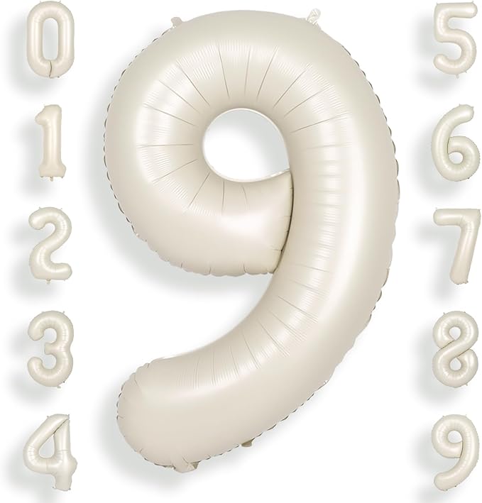 SUWEN 40 Inch Cream White Large 9 Number Balloons Big Foil Helium Number Balloons 0-9 Jumbo Happy 9th Mylar Birthday Party Decorations for Boy or Girl Anniversary Party Supplies