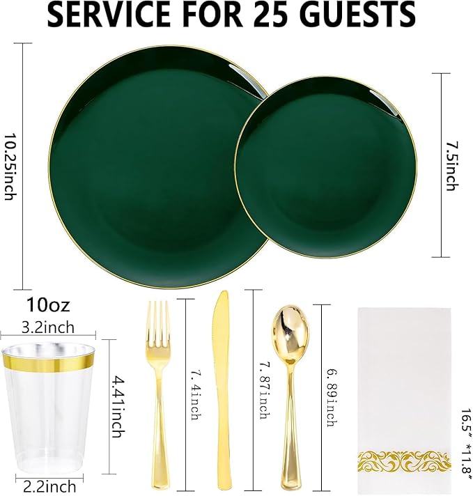 YOUBET 175PCS Green Plastic Plates - Green and Gold Disposable Plates Include 50 Plate, 75 Silverware, 25 Cups, 25 Napkins for Wedding & Party & Christmas