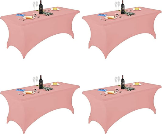 FORLIFE Spandex Table Covers - 4 Pack Fitted Tablecloths, Stretch Patio Covers, Universal for 6ft Rectangular Tables, Wedding, Banquet, Party (Dusty Rose)