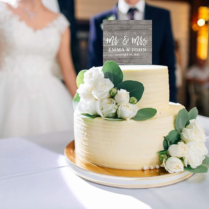 Andaz Press Rustic Gray Distressed Wood With Date Custom Wedding Cake Topper, Acrylic Square Personalized Couple Cake Topper