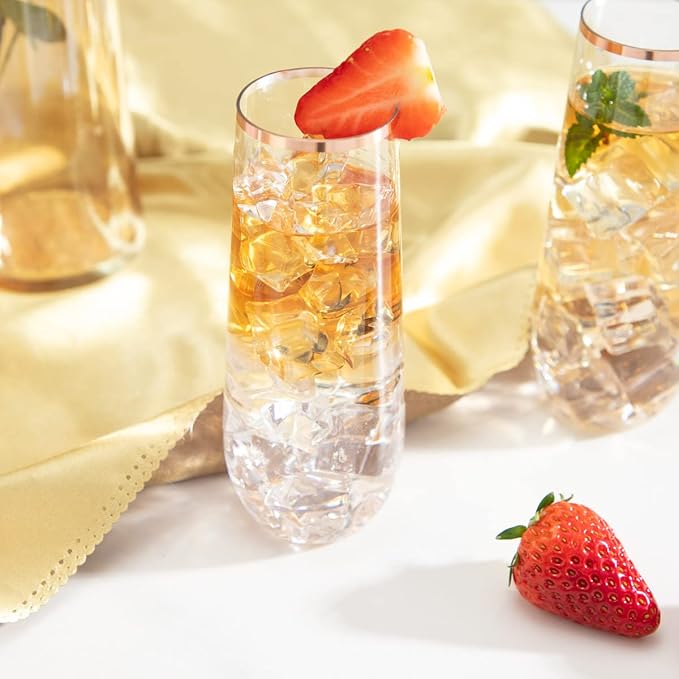 SUT 36 PCS Stemless Champagne Flutes 9 Oz - Shatterproof Plastic Toasting Glasses with Rose Gold Rim, Elegant Disposable Cups for Weddings, Parties, Mimosas & Cocktails