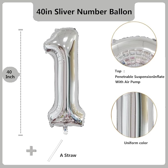 40 inch Silver Number Balloon Giant Foil Helium Balloons Silver Number 1 Balloon for 1st Birthday Party Anniversary Decorations Supplies