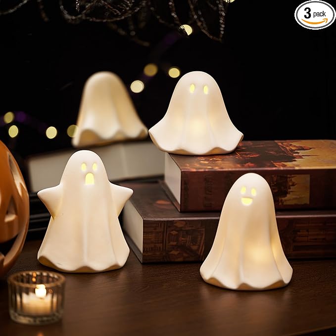 Light Up Ghost Halloween Decor, 5" Cute Halloween Decorations Indoor, 3PCS LED Ceramic Ghost for Halloween Table, Desk, Tray, Shelf, Bedroom Decor, White Spooky Decorative Ghosts Figurines