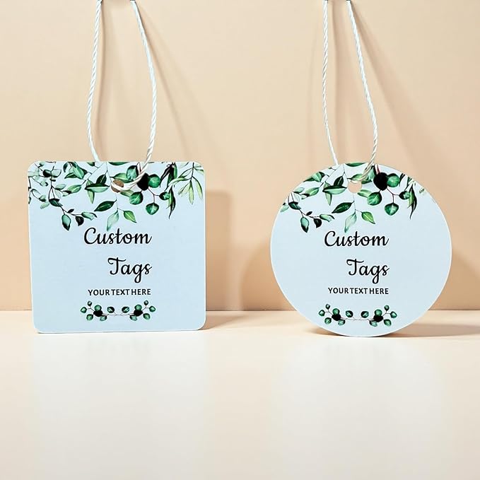Personalized Gift Tags, Square Round Paper Thank You Tag for Wedding Baptism Birthday Favors, Custom Hang Tags with Your Text and String (Design2)